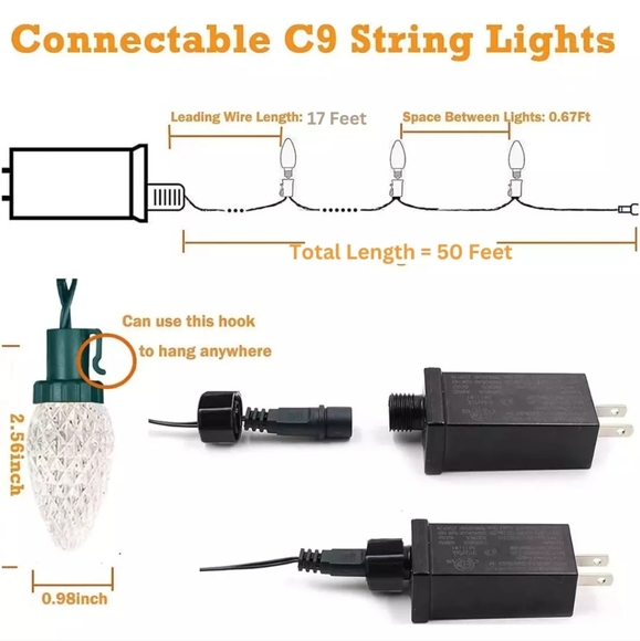 50 LED Multicolor Christmas String Lights C9 Faceted Bulb Indoor Outdoor New Box - Picture 4 of 6